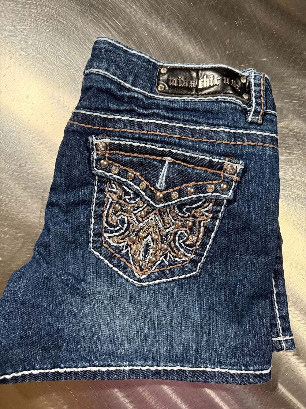 Miss Chic USA Embellished Denim Shorts Rhinestone Studded Contrast Stitch